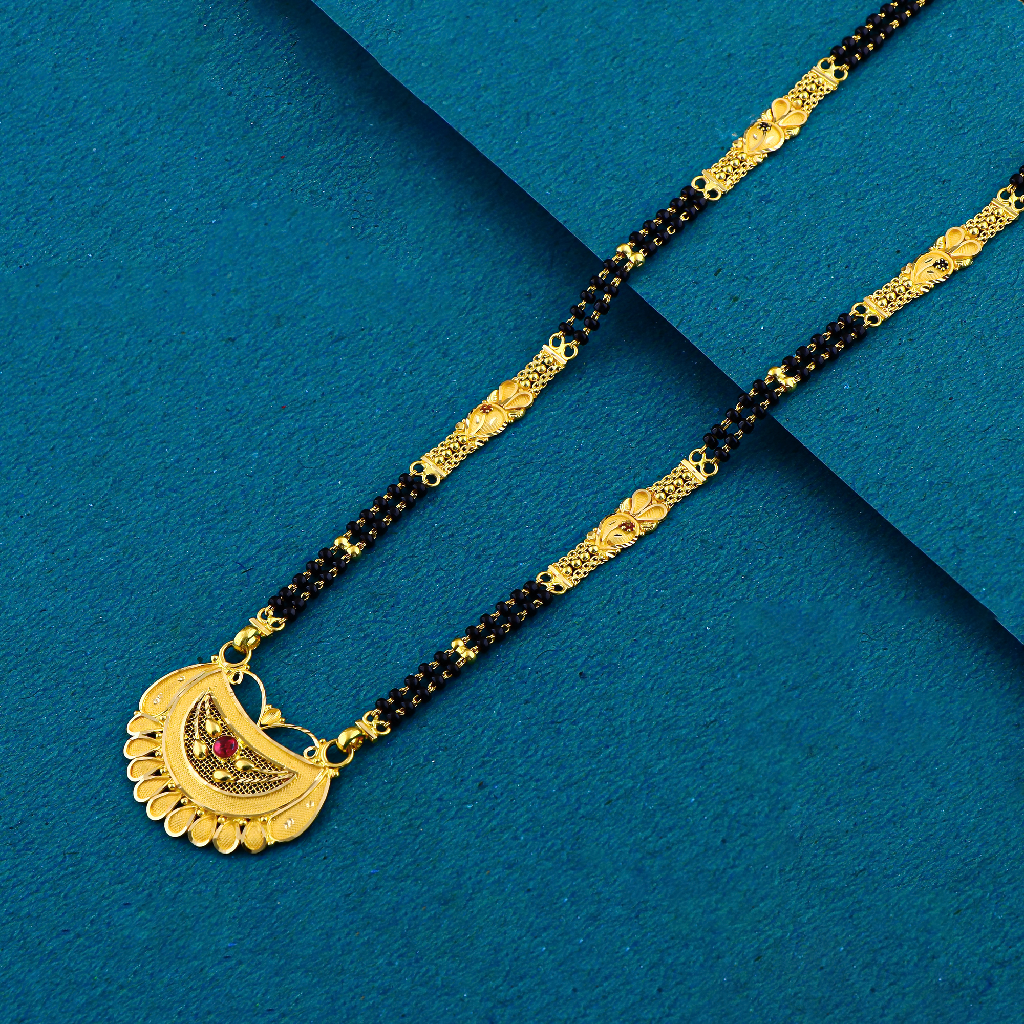 22K 916 Cutting Work Red Stone Pendant With Double Line Mangalsutra