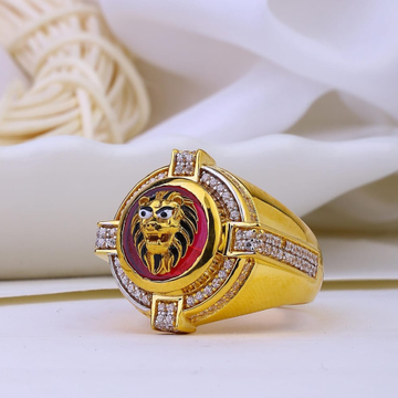 916 Gold Red Colour Stone And Cz Stone Gents Ring by 