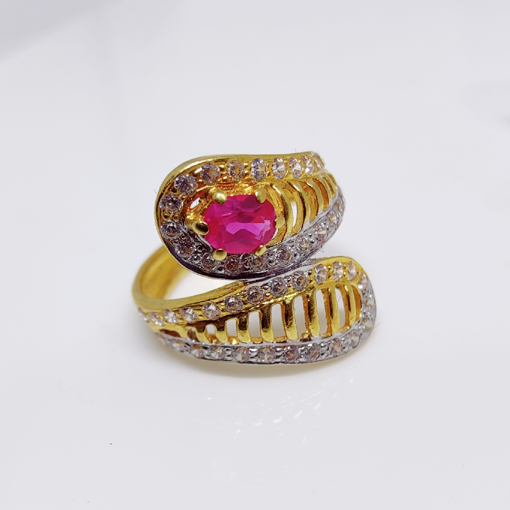 22k gold Asymmetry red color stone long ladies ring