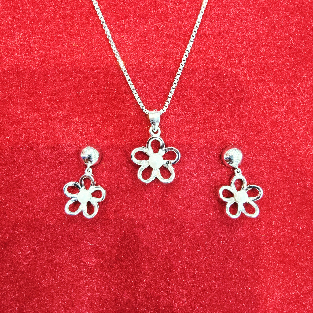 925 silver flower design pearl chain pendant set