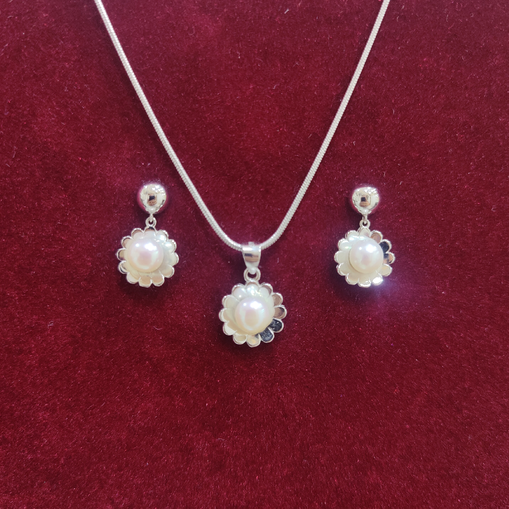 925 silver flower design chain pearl pendant set