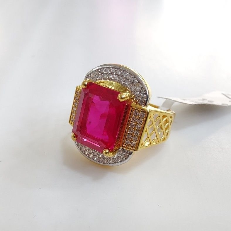 Red Zircon Lace Diamond Accented Ring 14K Yellow Gold